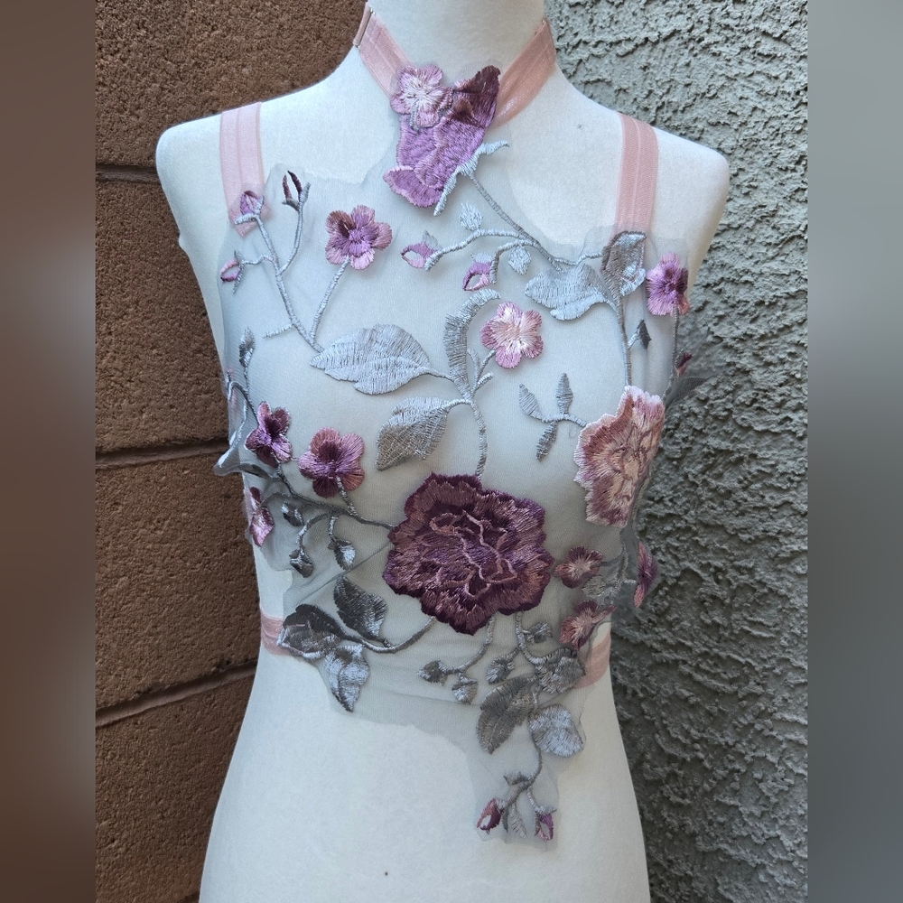Love Boudoir- Pink and Purple Floral Embroidered Sheer Bralette